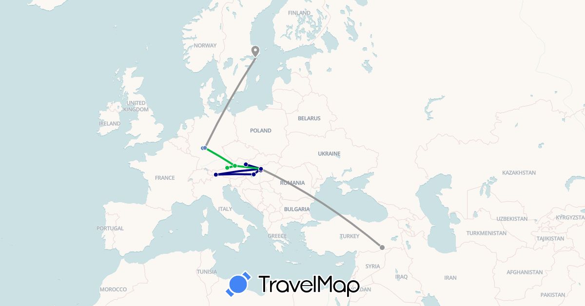 TravelMap itinerary: driving, bus, plane, cycling in Austria, Germany, Hungary, Sweden, Turkey (Asia, Europe)